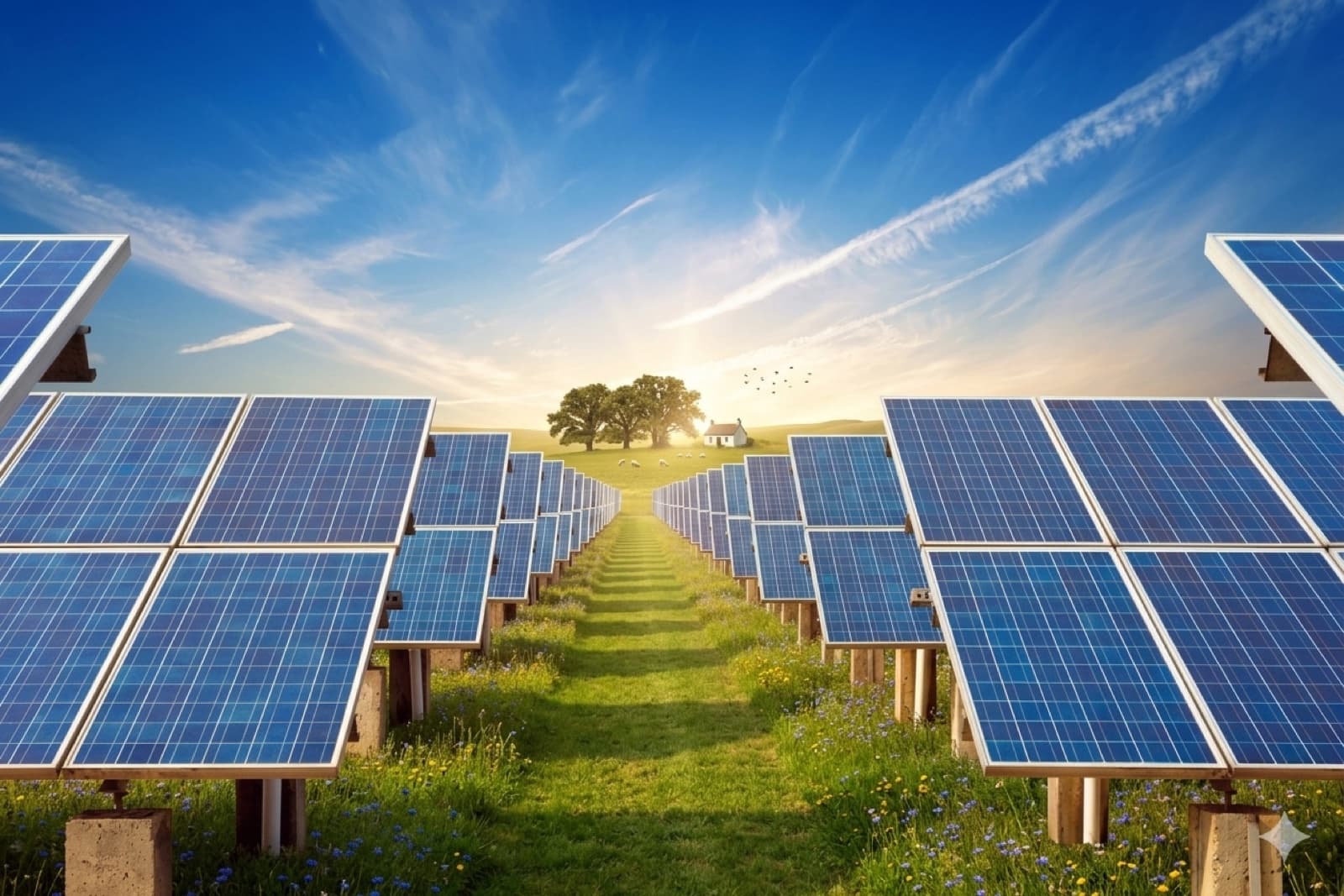 Solar panel farm at sunset